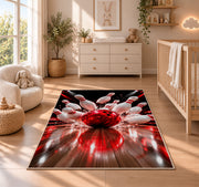 Bowling Strike Rug in a nursery beside a crib and dresser