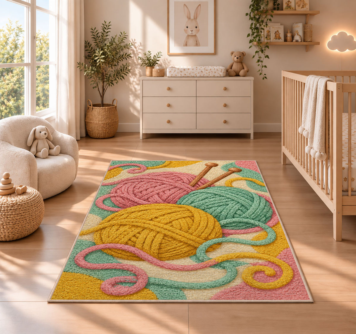 Yarn Balls and Knitting Needles Rug in a nursery beside a crib and dresser