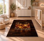 Whiskey on the Rocks Rug in a nursery beside a crib and dresser