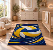 Swirling Volleyball Rug in a nursery beside a crib and dresser