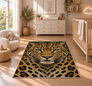 Leopard Face Close-Up Rug in a nursery beside a crib and dresser