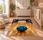 Bowling Lane Perspective Rug in a nursery beside a crib and dresser