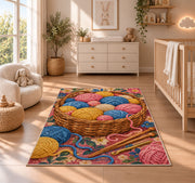 Basket of Yarn Rug in a nursery beside a crib and dresser