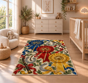 Horse Show Rosette Ribbons Rug in a nursery beside a crib and dresser