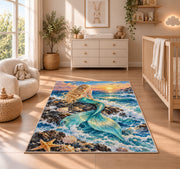 Mermaid on the Rock Rug in a nursery beside a crib and dresser