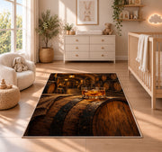 Oak Barrel and Whiskey Rug in a nursery beside a crib and dresser