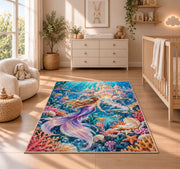 Underwater Castle Mermaid Rug in a nursery beside a crib and dresser