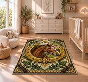 Horse Head in Horseshoe Rug in a nursery beside a crib and dresser