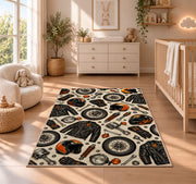 Biker Gear Pattern Rug in a nursery beside a crib and dresser