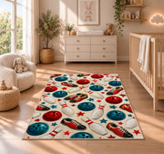 Bowling Pattern Rug in a nursery beside a crib and dresser