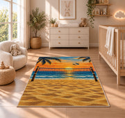 Beach Volleyball Sunset Rug in a nursery beside a crib and dresser