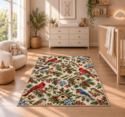 Backyard Birds Pattern Rug in a nursery beside a crib and dresser