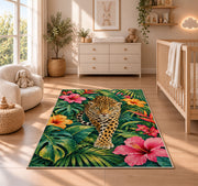 Leopard in Tropical Leaves Rug in a nursery beside a crib and dresser