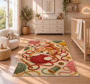 Kitten Playing with Yarn Rug in a nursery beside a crib and dresser