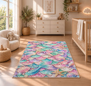 Mermaid Scales and Shells Pattern Rug in a nursery beside a crib and dresser