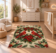 Two Cardinals and Wreath Rug in a nursery beside a crib and dresser