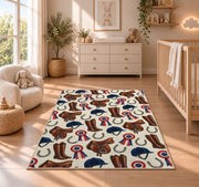 Equestrian Gear Pattern Rug in a nursery beside a crib and dresser