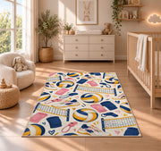 Volleyball Gear Pattern Rug in a nursery beside a crib and dresser