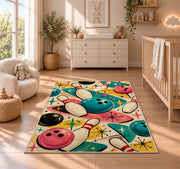 Retro 50s Bowling Rug in a nursery beside a crib and dresser