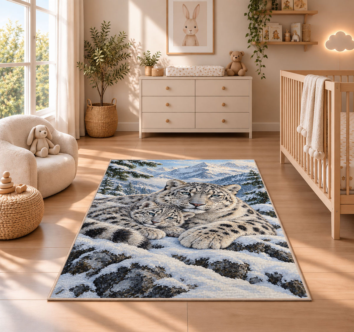 Snow Leopard Mother and Cub Rug in a nursery beside a crib and dresser