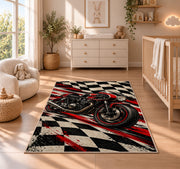 Racing Motorcycle Checkered Rug in a nursery beside a crib and dresser