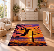 Volleyball Spike Silhouette Rug in a nursery beside a crib and dresser