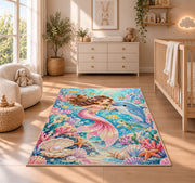 Baby Mermaid and Dolphin Nursery Rug in a nursery beside a crib and dresser