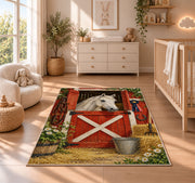 Red Barn Door Horse Rug in a nursery beside a crib and dresser