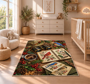 Birdwatching Gear Rug in a nursery beside a crib and dresser