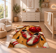 Bowling Shoes Rug in a nursery beside a crib and dresser
