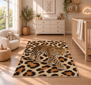 Leopard on Leopard Print Rug in a nursery beside a crib and dresser
