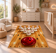 Bowling Pins Triangle Rug in a nursery beside a crib and dresser