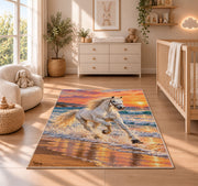 White Horse on Beach Rug in a nursery beside a crib and dresser