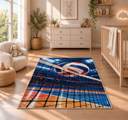 Volleyball Hitting Net Rug in a nursery beside a crib and dresser