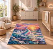 Mermaid Tail at Sunset Rug in a nursery beside a crib and dresser