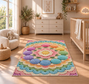 Circle of Yarn Balls Rug in a nursery beside a crib and dresser