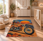 Chopper on Desert Highway Rug in a nursery beside a crib and dresser