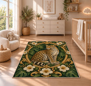Vintage Leopard Oval Frame Rug in a nursery beside a crib and dresser
