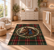 Tartan Horse Medallion Rug in a nursery beside a crib and dresser