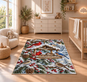 Winter Bird Feeder Rug in a nursery beside a crib and dresser
