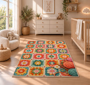 Granny Square Rug in a nursery beside a crib and dresser