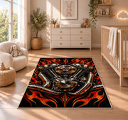 V-Twin Engine Flames Rug in a nursery beside a crib and dresser