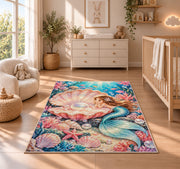 Pearl Shell and Mermaid Rug in a nursery beside a crib and dresser