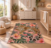 Leopard on Pink Hibiscus Rug in a nursery beside a crib and dresser