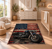 Motorcycle and American Flag Rug in a nursery beside a crib and dresser