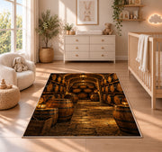 Stacked Barrels Cellar Rug in a nursery beside a crib and dresser