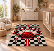 Checkered Bowling Rug in a nursery beside a crib and dresser