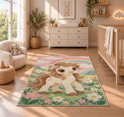 Cute Pony Nursery Rug in a nursery beside a crib and dresser