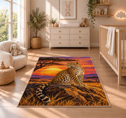 Leopard at Savanna Sunset Rug in a nursery beside a crib and dresser
