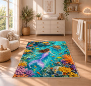 Coral Reef Mermaid Top View Rug in a nursery beside a crib and dresser